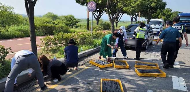 지난 19일 부산 사상구 한 5차로 도로에 화물 차량에 실려 있던 쇠봉 약 5000개가 떨어지자 시민들이 다함께 나서 쇠봉을 주워 담았다./사진=부산경찰 페이스북