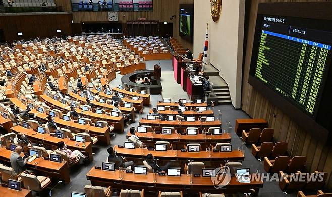 국회 원 구성  (서울=연합뉴스) 하사헌 기자 = 국회 공백 53일 만에 국회 후반기 원 구성 협상이 타결된 22일 오후 국회 본회의장에서 18개 상임위원장 선출을 마치고 김진표 국회의장이 표결 결과를 발표하고 있다. 2022.7.22 [국회사진기자단] toadboy@yna.co.kr