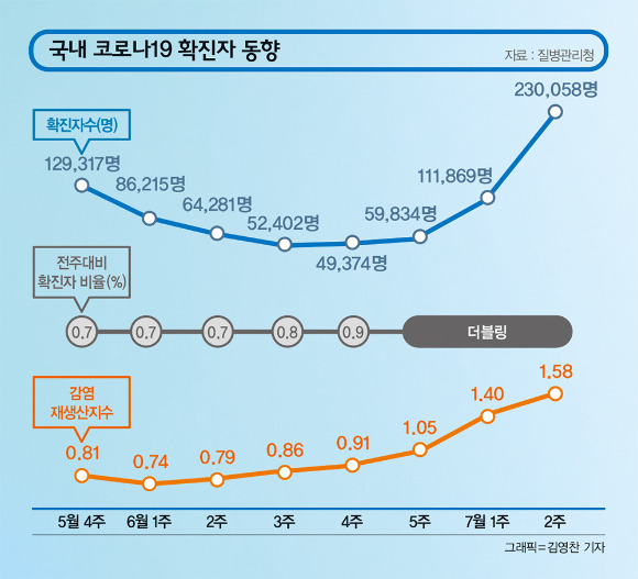 주간 신규 확진자 수를 살펴보면 6월 4주차(19~25일) 4만9374명에서 6월 5주차(26일~7월2일) 5만9834명으로 소폭 상승한 뒤 7월 첫째주(3~9일) 11만1869명으로 두 배 가까이 상승했다. 7월 2주차(10~16일)엔 23만58명을 기록하며 전주 대비 107.2% 증가했다. 국내 주간 코로나19 확진자 현황./그래픽=김영찬 기자