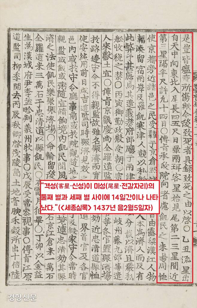 6개국 공동연구진이 들춰본 <세종실록> 1437년 2월5일자. 객성(신성)이 미성(전갈자리)의 둘째별과 셋째별 사리에 14일간이나 나타났다“고 기록했다. 신성의 폭발을 알려준다.