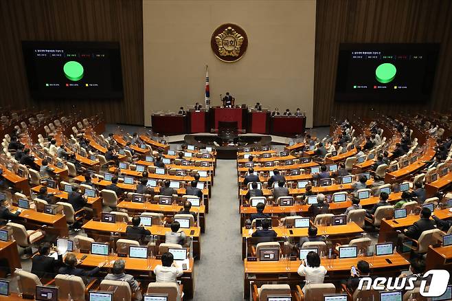 22일 오후 서울 여의도 국회에서 열린 제398회 국회(임시회) 제4차 본회의에서 정치개혁 특별위원회 구성의 건이 가결되고 있다. (공동취재) 2022.7.22/뉴스1 © News1 이재명 기자