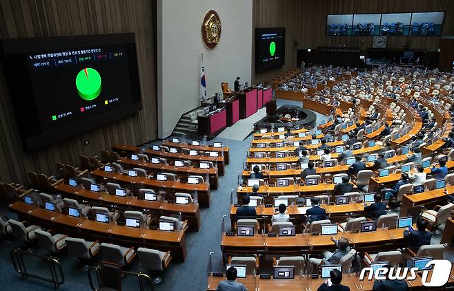 22일 오후 서울 여의도 국회에서 열린 제398회 국회(임시회) 제4차 본회의에서 사법개혁 특별위원회 명칭 등 변경 및 활동기간 연장의 건이 재석인원 198명에 찬성 190명, 반대 5명, 기권 3명으로 가결되고 있다. 2022.7.22/뉴스1 © News1 이재명 기자