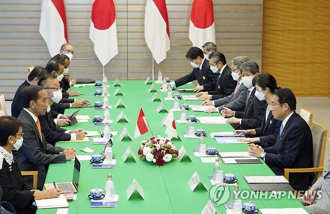 기시다 일본 총리와 조코 위도도 인도네시아 대통령 도쿄서 정상회담 (도쿄 교도=연합뉴스) 기시다 후미오 일본 총리가 27일 도쿄에서 조코 위도도 인도네시아 대통령과 정상회담하고 있다. 2022.7.27 [재판매 및 DB 금지] sungjinpark@yna.co.kr