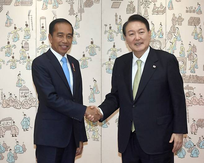 28일 서울 용산구 대통령실에서 열린 한-인니 정상회담에서 윤석열 대통령이 조코 위도도 인도네시아 대통령이 기념사진을 찍고 있다. [대통령실사진기자단]