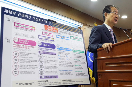 (세종=뉴스1) 김기남 기자 = 한덕수 국무총리가 14일 오전 정부세종청사에서 '새정부 규제혁신 추진 방향'에 대해 설명하고 있다. 2022.6.14/뉴스1