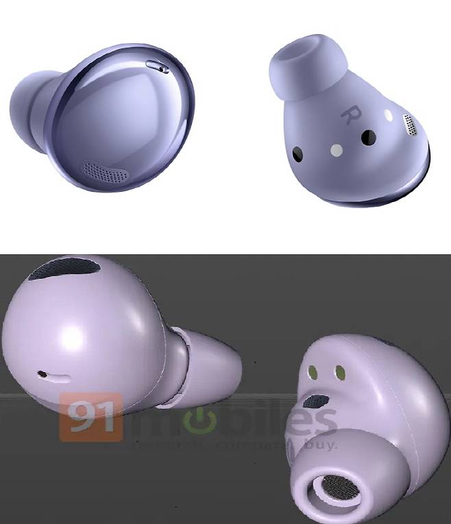 갤럭시버즈 프로의 이어버드(위)와 프로2의 이어버드 렌더링 이미지(아래). 버즈프로2 이어버드의 센서와 마이크 위치가 전작과 다를 것으로 예상된다. [사진 출처 = 삼성전자, 91모바일스]