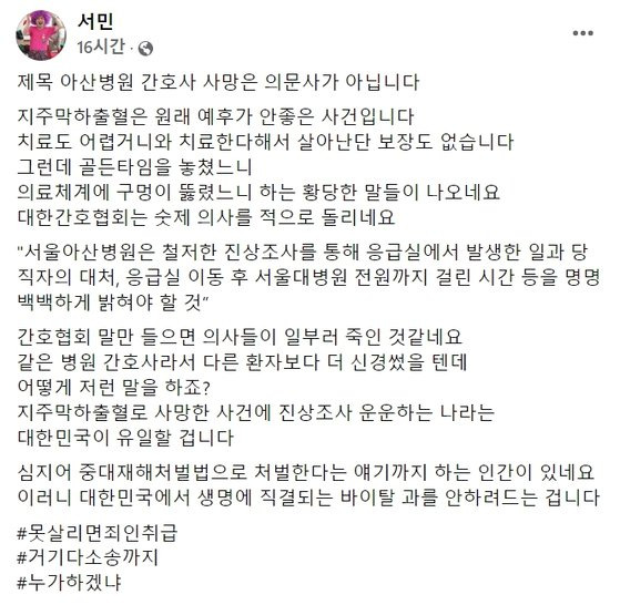 서민 교수가 지난 3일 자신의 페이스북에 올린 글. 사진 서민 교수 페이스북 캡처