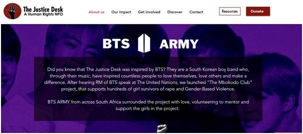 '더 저스티스 데스크' 홈페이지, 자신들을 BTS 아미(팬)으로 소개하고 있다.