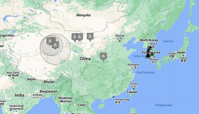 중국이 지난 5월부터 노탐(NOTAM)을 통해 란저우 지역에 설정한 위험 구역이 표시된 모습. 한국과 유럽을 오가는 주요 항로가 이 지역을 통과한다. /항공정보통합관리 홈페이지 캡처.