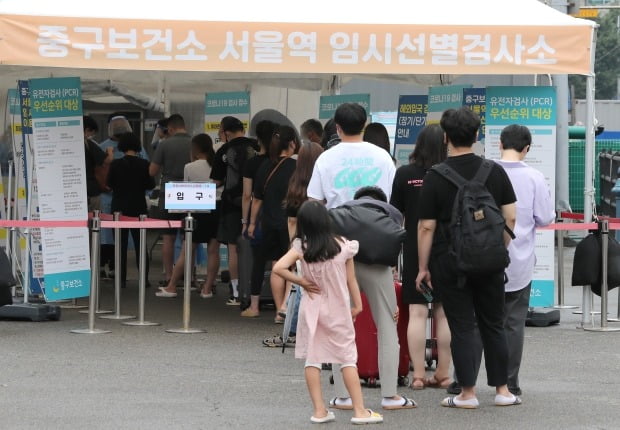 6일 오후 서울역 광장에 설치된 신종 코로나바이러스 감염증(코로나19) 선별진료소에서 시민들이 검사를 위해 대기하고 있다. /뉴스1
