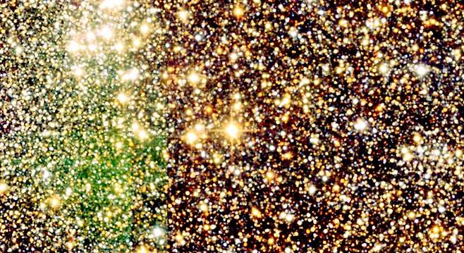 가운데에 제일 밝고 붉게 빛나는 별이 스티븐슨 2-18. 위에 여러 개의 별이 밝게 빛나는 것은 스티븐슨 2 성단이다