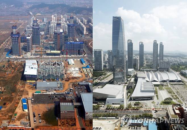송도국제도시 2007년 개발 당시 모습(왼쪽)과 현재 모습 [인천경제자유구역청 제공]