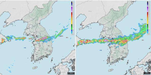 기상청 초단기예측 시스템상 오전 1시 20분 구름대 모습(왼쪽)과 오전 3시 20분 구름대 모습. 기상청 날씨누리 캡처