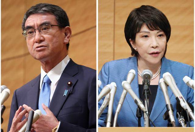 지난해 9월 일본 자민당 총재 선거에 출마했다 낙선한 고노 다로(왼쪽) 행정개혁장관과 다카이치 사나에 전 총무장관. 기시가 후미오 내각 출범과 함께 고노는 자민당 홍보본부장, 다카이치는 정조회장에 임명됐다. 도쿄=EPA 지지 연합뉴스