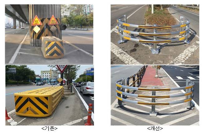 제57호 교통신기술로 지정된 곡형 충격흡수시설(오른쪽)과 기존 충격흡수시설. (사진제공=국토부) ⓒ 뉴스1