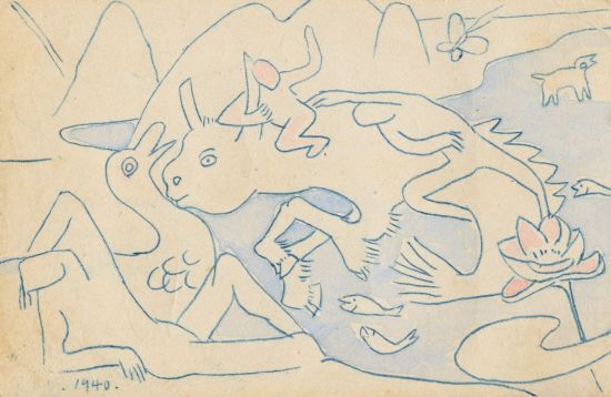 상상의 동물과 사람들, 1940, 종이에 먹지그림, 채색, 9×14cm. 국립현대미술관 이건희컬렉션
