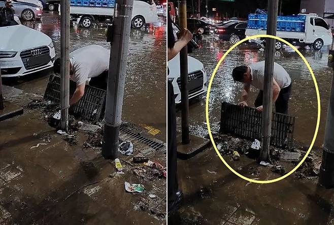 - 배수관 쓰레기를 맨손으로 뚫고 사라진 일명 ‘강남역 슈퍼맨’. SNS 캡처