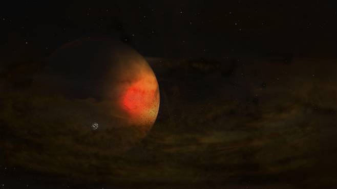PDS 70 행성계의 C 행성 주변 원반에서 달이 형성되고 있는 상상도  [ALMA (ESO/NAOJ/NRAO), S. Dagnello (NRAO/AUI/NSF) 제공/ 재판매 및 DB 금지] photo@yna.co.kr