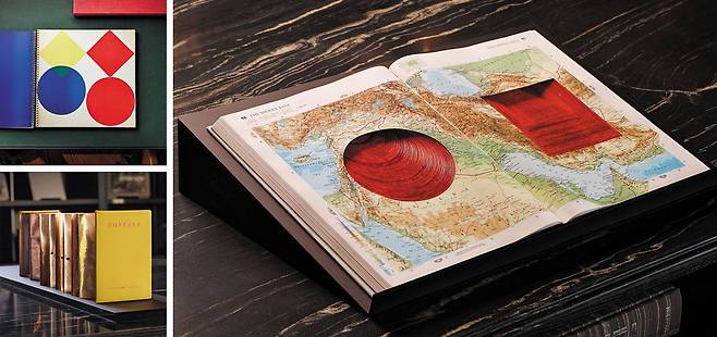 책도 예술이다. 스위스 출신 예술가 디터 로트가 독일 극작가 클라우스 브레머의 아들을 위해 만들어 1956년 자체 출간한 28쪽짜리 ‘어린이 책’, 애니시 커푸어가 세계지도 책을 활용해 만든‘터닝 더 월드’, 루초 폰타나가 1966년 200부 한정으로 제작한 '공간 개념'(왼쪽 위부터 시계 방향). /현대카드