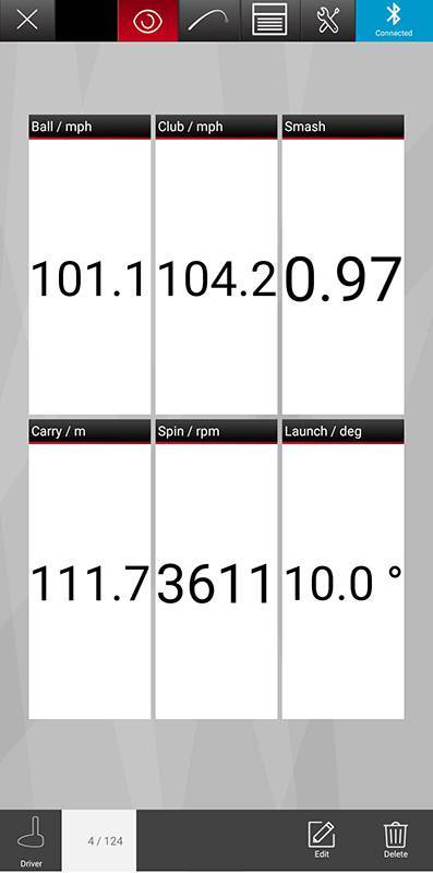 스매시팩터가 낮은 스윙의 결과. 클럽 속도는 100이지만, 예측 비거리는 111미터에 불과하다