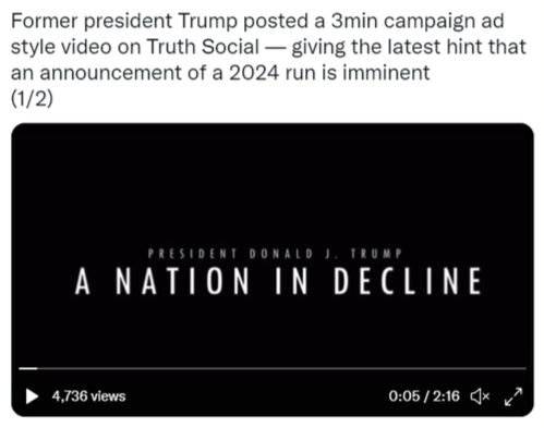 트럼프가 이날 공개한 동영상으로 대선 출마를 시사하는 내용이다. [트위터 캡처]