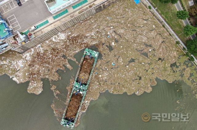 지난달 5일 경기도 하남 팔당댐에서 경기도수자원본부 관계자들이 쓰레기 수거 작업을 하고 있다.