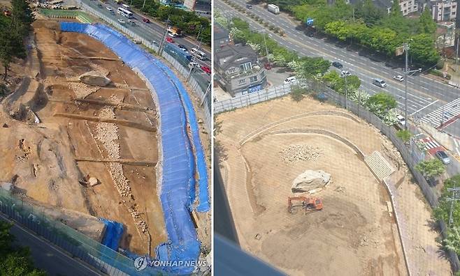 2017년과 올해 4월 지석묘 비교  지난 2017년 김해시가 언론에 제공한 사진(왼쪽)과 올해 4월 24일 촬영된 모습을 비교한 것. 상석을 중심으로 위 아래에 있던 박석이 걷어진 것을 확인할 수 있다. [독자 촬영 제공. 재판매 및 DB 금지]