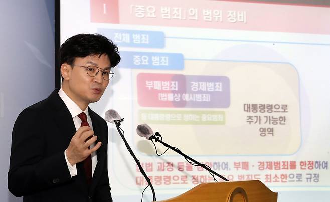 한동훈 법무부장관이 11일 경기 과천시 정부과천청사에서 '검사의 수사개시 범죄 범위에 관한 규정 개정안 및 시행규칙 페지안 입법예고' 브리핑을 하고 있다. /뉴스1