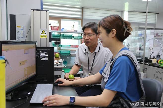 국립원예특작과학원 배연구소 마경복 박사가 동료 연구원과 함께 단감의 경도측정 결과를 살펴보고 있다. /사진=정혁수