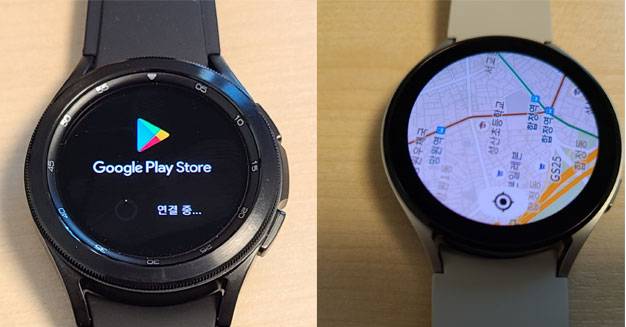 ‘갤럭시워치4 클래식’으로 구글 플레이 스토어에 연결하고 있는 모습(완쪽 사진)과 ‘갤럭시워치4’를 통해 구글 지도를 사용하고 있는 모습. /사진=노현섭 기자
