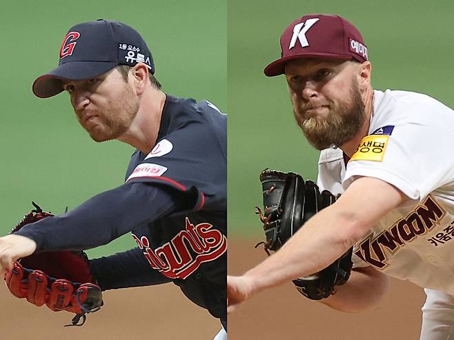 ▲ 찰리 반즈(왼쪽, 롯데 자이언츠)가 에릭 요키시(키움 히어로즈)와 맞대결에서 승리를 거뒀다. ⓒ연합뉴스