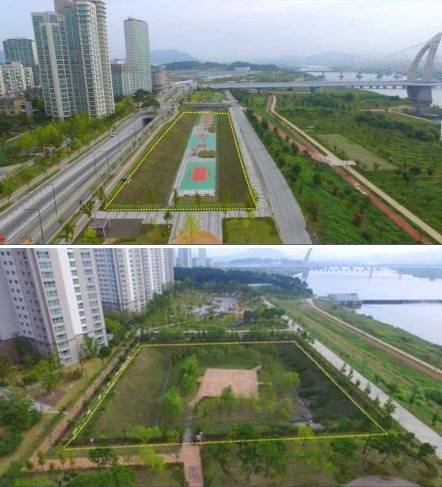 세종도심에 설치된 R4((사진 위) ·R2저류지 . (행복도시건설청 제공) ⓒ News1