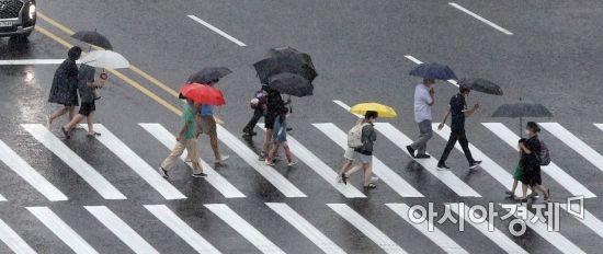 국지성 호우가 내린 8일 서울 종로구 사직로 광화문삼거리에서 우산을 쓴 시민들이 횡단보도를 건너고 있다./김현민 기자 kimhyun81@