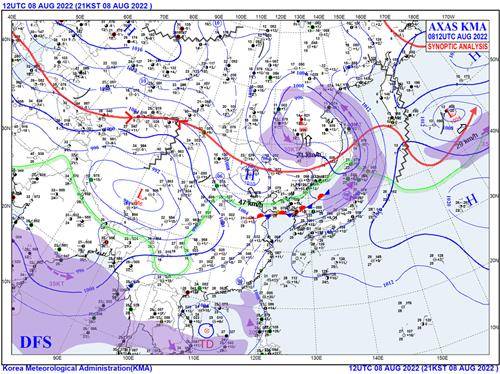 8일 오후 9시 우리나라 주변 일기도. [기상청 제공. 재판매 및 DB 금지]