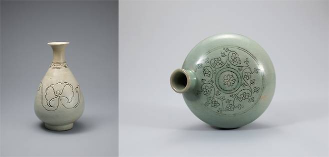 조선시대(15세기)의 간결한 모란 무늬가 돋보이는 ‘백자 상감 모란문 병’(보물, 왼쪽)과 ‘청자 상감 화당초문 자라병’. 호림박물관 제공