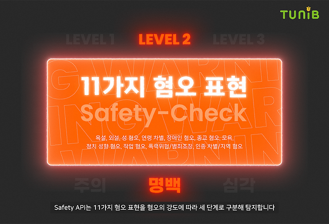 튜닙의 윤리성 판별 자연어처리 애플리케이션 프로그래밍 인터페이스(API) 작동 이미지. 튜닙 제공