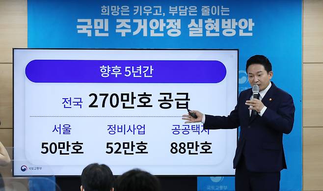 원희룡 국토교통부 장관이 16일 오전 서울 종로구 정부서울청사에서 새 정부의 첫 주택공급대책에 대해 발표하고 있다. /뉴스1