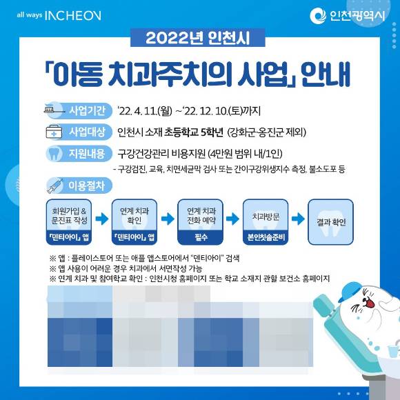 인천시, 초등학교 5학년 대상 '구강건강관리 비용' 지원 [사진=인천광역시]