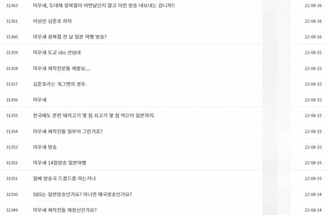 '열린 TV 시청자 세상' 시청자 게시판에 달린 '미우새' 일본편 관련 비판 의견들. SBS 홈페이지 캡처