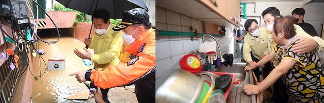 지난 8~9일 서울 집중호우 피해 현장을 점검 중인 오세훈 서울시장(사진 왼쪽)과 원희룡 국토교통부 장관(사진 오른쪽). /사진제공=뉴시스