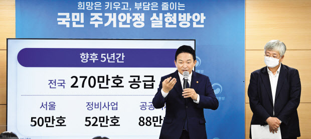 오는 2027년까지 향후 5년 간 270만호의 주택이 공급된다. 15만호의 신규 택지가 공급되고, 재건축초과이익환수제와 안전진단 규제 등이 완화된다. 원희룡 국토부장관이 16일 오전 서울 종로구 정부서울청사에서 열린 부동산관계장관회의 직후 ‘국민주거 안정 실현방안’정책의 브리핑을 하고 있다. 임세준 기자