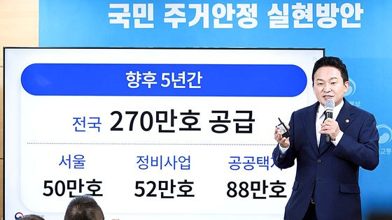 원희룡 국토교통부 장관이 16일 정부서울청사에서 주택공급 대책을 발표하고 있다. [사진 국토교통부]