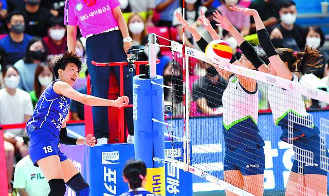 한국도로공사 김세인(왼쪽)이 16일 전남 순천 팔마체육관에서 열린 2022 순천·도드람 프로배구대회 B조 조별예선 현대건설과 경기에서 스파이크를 때리고 있다. 한국배구연맹 제공