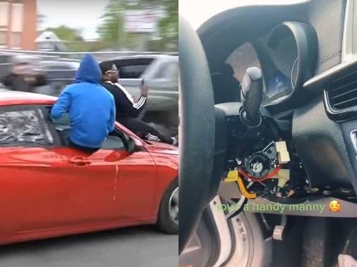 '기아 보이즈'로 추정되는 남성들이 차량 위로 올라탄 모습(왼쪽)과 '기아 보이즈' 범행 수법을 설명하는 모습(오른쪽). 틱톡 캡처