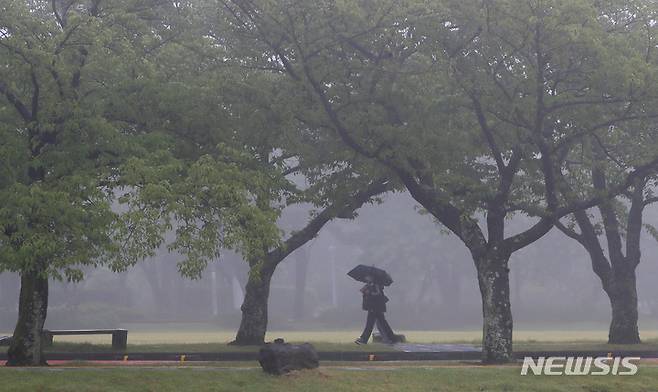 [제주=뉴시스] 우장호 기자 = 제주시 아라동 제주대학교에서 우산을 쓴 학생들이 걸어가고 있다. 2022.06.21. woo1223@newsis.com
