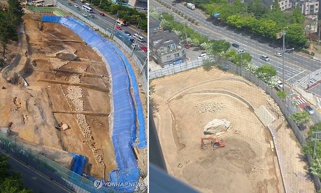 2017년과 올해 4월 지석묘 비교 (서울=연합뉴스) 세계 최대 규모로 추정되는 경남 김해시 구산동 지석묘(고인돌·경남도기념물)가 이미 수개월 전에 중장비를 동원해 바닥의 박석(얇고 넓적한 돌)을 걷어낸 정황이 확인됐다.
    11일 연합뉴스가 입수한 지난 4월 당시 구산동 지석묘 부근 사진을 보면 김해시가 추진하는 정비 공사 과정에서 묘역에 있던 박석을 이미 모두 걷어낸 상태였던 것으로 파악됐다.
    사진은 지난 2017년 김해시가 언론에 제공한 사진(왼쪽)과 올해 4월 24일 촬영된 모습을 비교한 것. 2022.8.11 [독자 제공. 재판매 및 DB 금지] photo@yna.co.kr