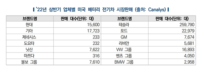 2022년 상반기 미국 내 업체별 전기차 판매 대수  출처 : 한국자동차연구원