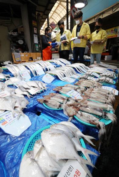 수산물 원산지 표시 점검 - 추석을 앞두고 광주 북구청 직원들이 17일 오전 말바우시장에서 원산지 표시 준수 여부 등을 점검하고 있다.광주 연합뉴스