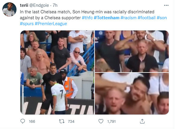 소셜미디어에는 손흥민에게 인종차별 행위를 하는 첼시 팬들을 포착한 사진이 돌고 있다.