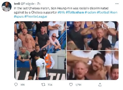 손흥민에게 인종차별 행위를 하는 첼시 팬들을 포착한 사진이 소셜미디어에 돌고 있다.